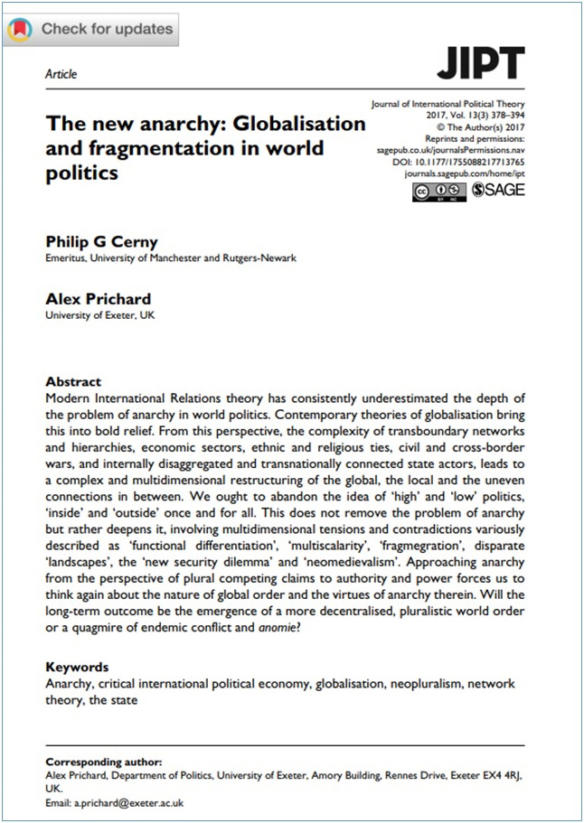 <a href='http://hdl.handle.net/10871/27677'>The new anarchy: globalization and fragmentation in world politics</a>
 (2017)<br /><a href='http://socialsciences.exeter.ac.uk/politics/staff/prichard/'>Alex Prichard</a>
