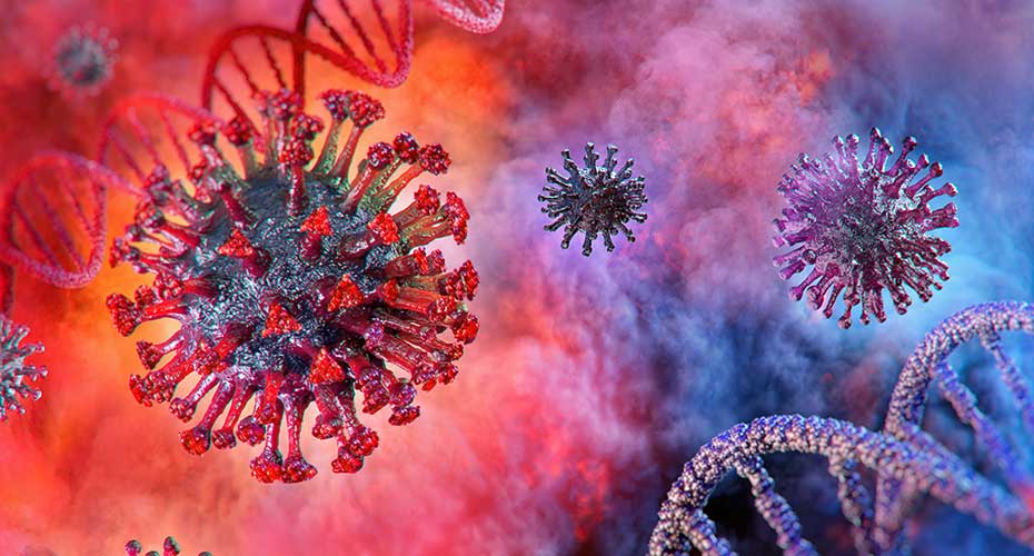 Image showing the COVID-19 virus with a red and blue background.